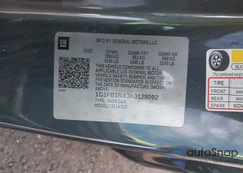 2019 Chevrolet Camaro 1Lt from USA, damaged, VIN 1G1FB1RX3K0128092